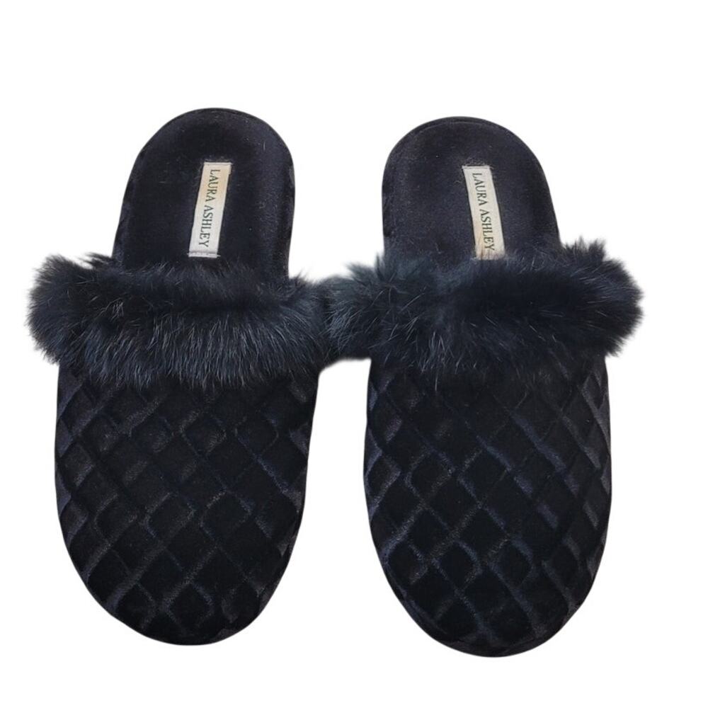 Laura Ashley Black Velvet Boudoir Slippers Faux Fur Plush Cozy Luxe